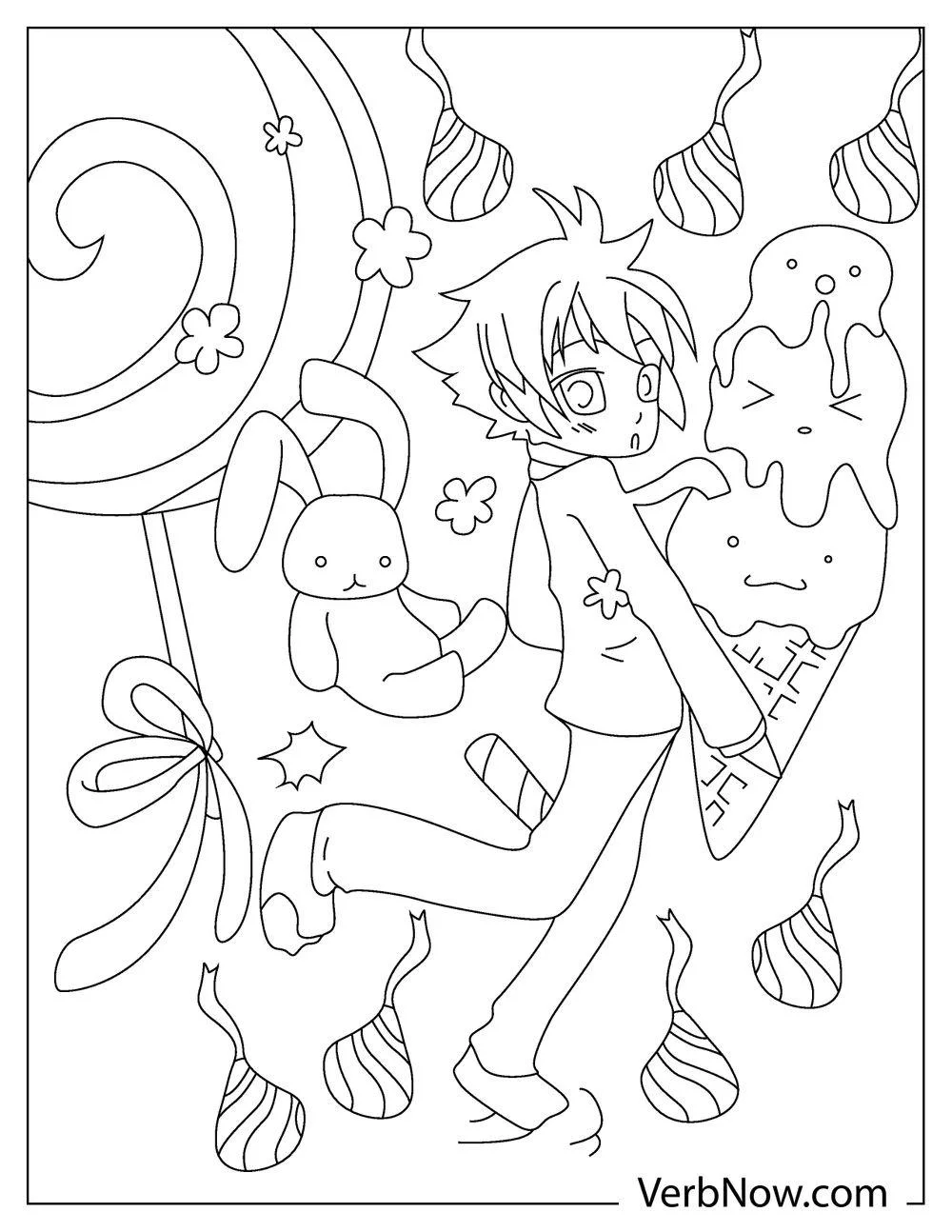 Candyland boy with ice cream and stuffed bunny coloring page