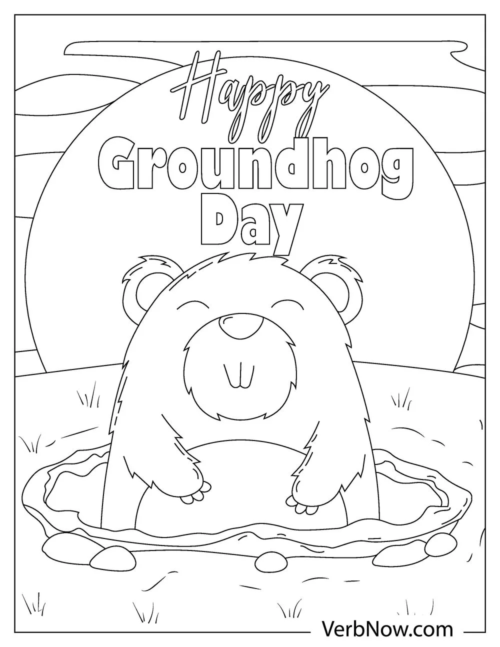 Smiling groundhog popping out of hole