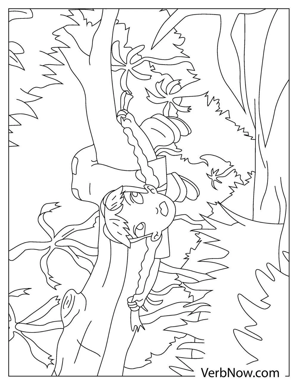 Girl hung upside down on tree coloring page