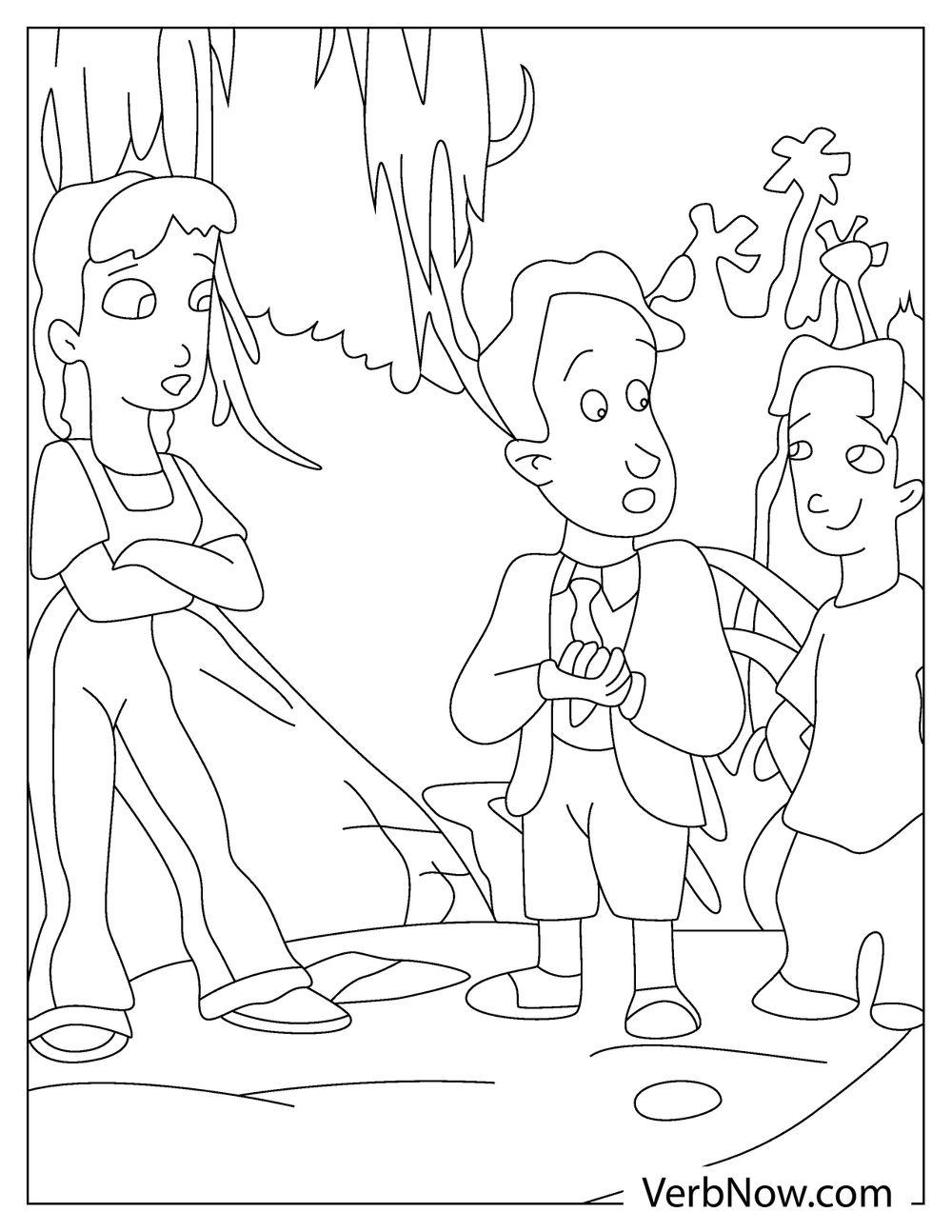 The team discussing in the forest coloring sheet