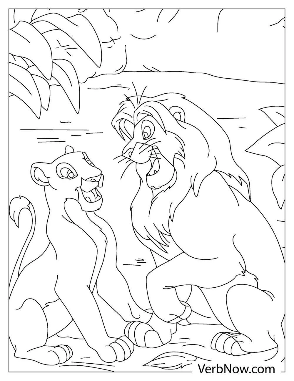 Simba and Nala sit together by the water