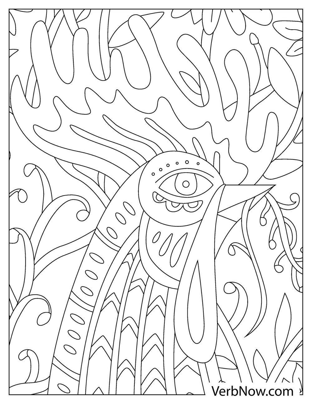 Coloring sheet of rooster in farm setting

