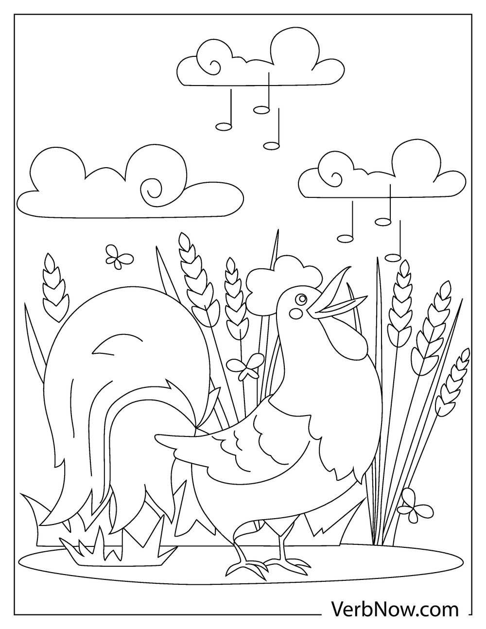 Rooster coloring page with detailed feathers