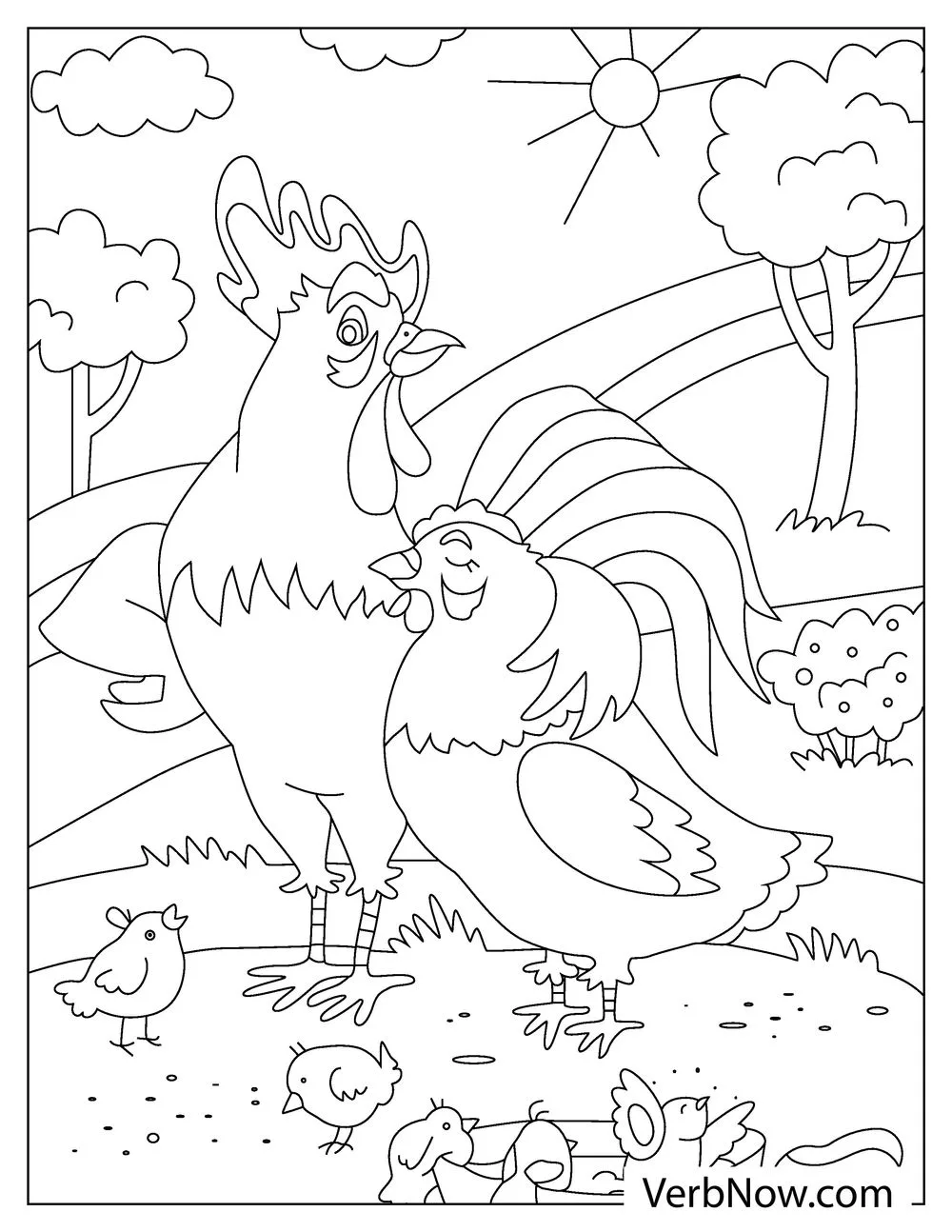 Farm rooster coloring sheet for kids
