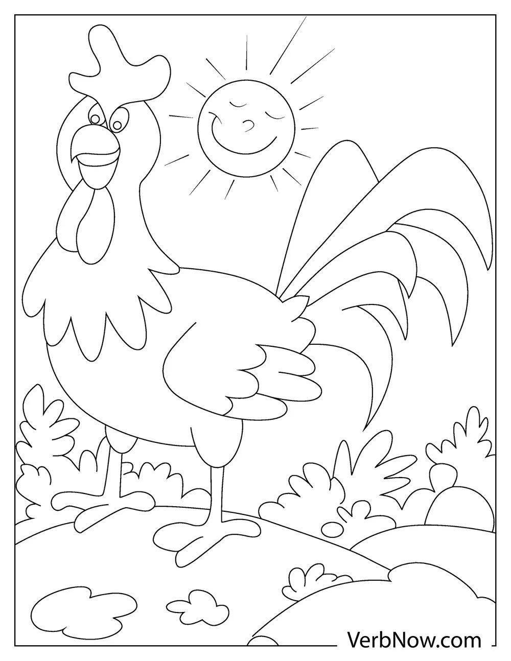 Morning rooster coloring page with sunrise