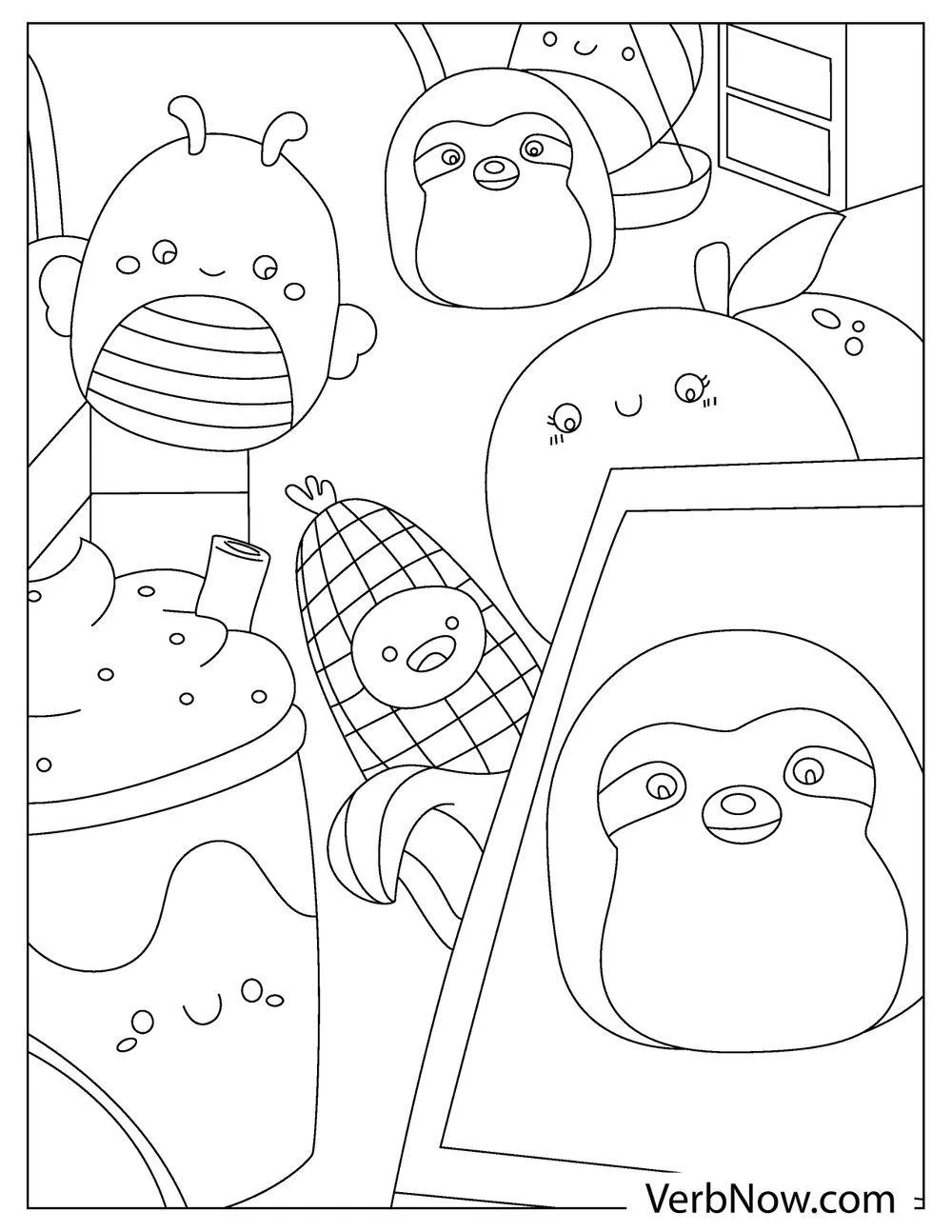 Squishmallows in kitchen with desserts coloring page