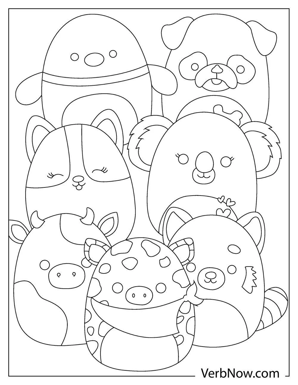 Cute animal squishmallows group coloring sheet