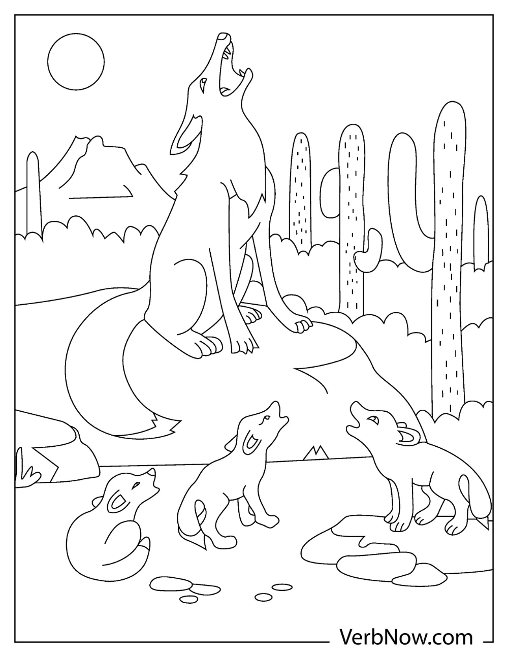 Coyote family with pups coloring sheet