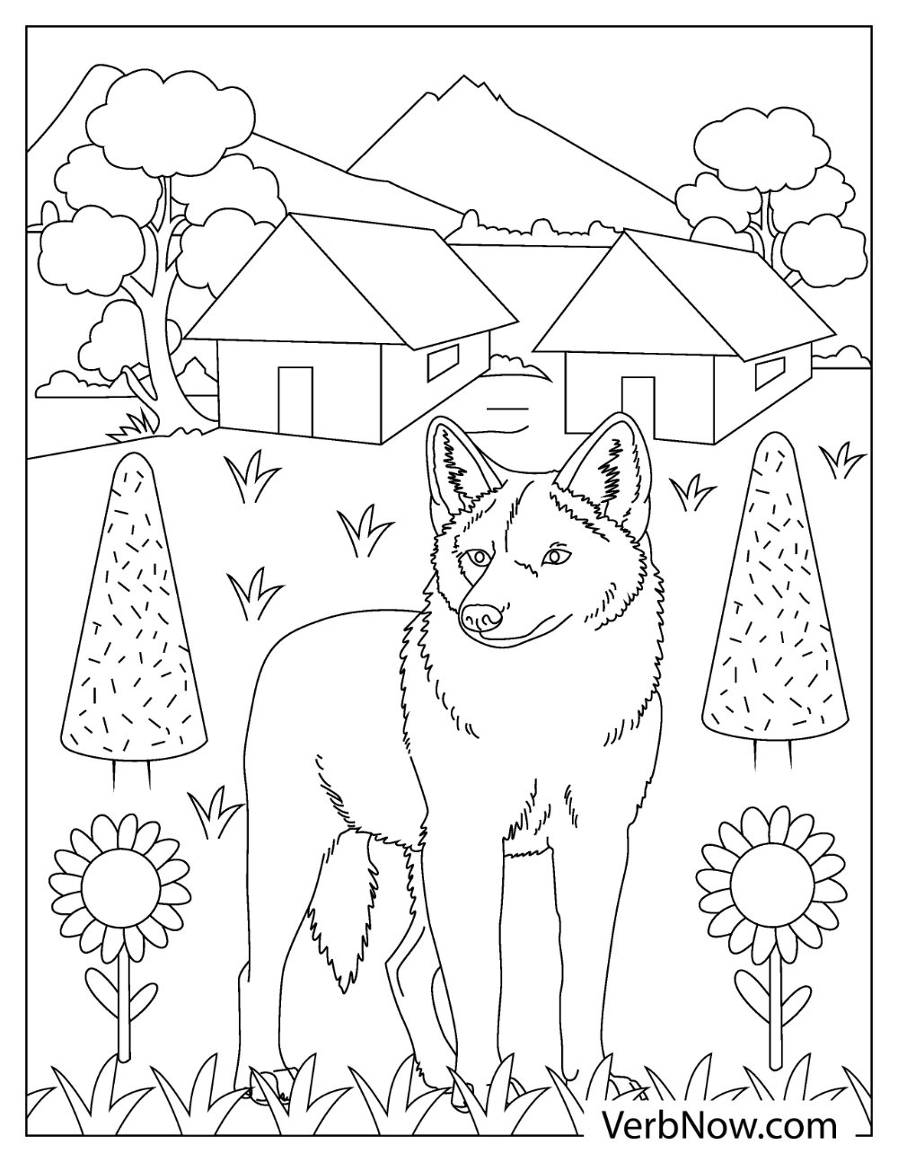 Coyote among flower garden coloring page