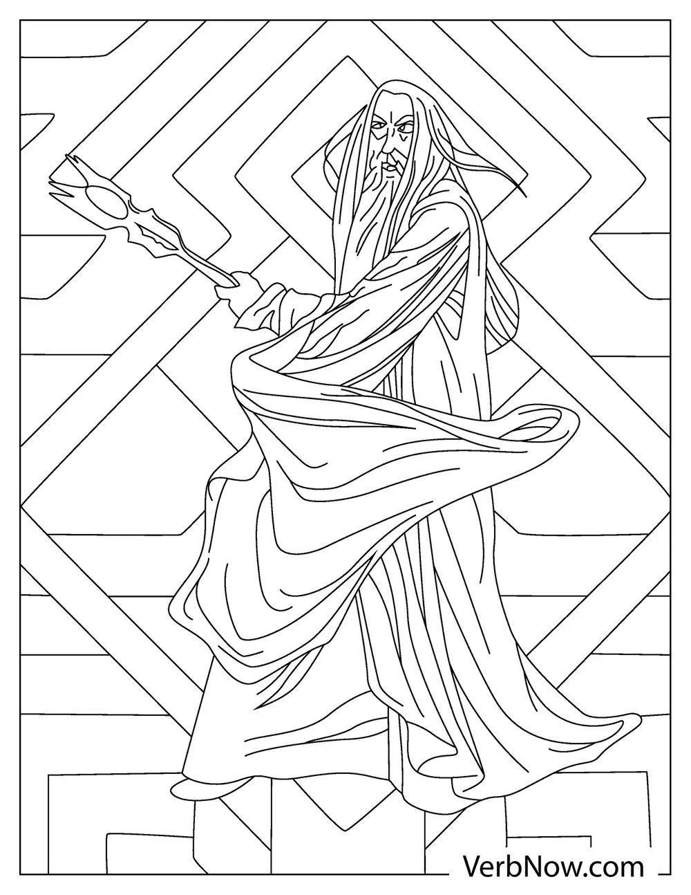 Dark wizard wielding staff casting magic coloring page

