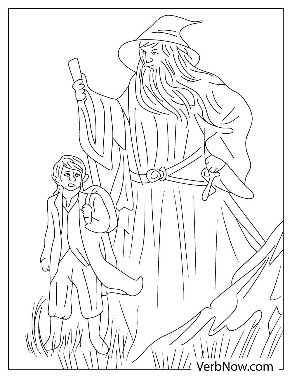 Gandalf guiding Frodo on a journey coloring page

