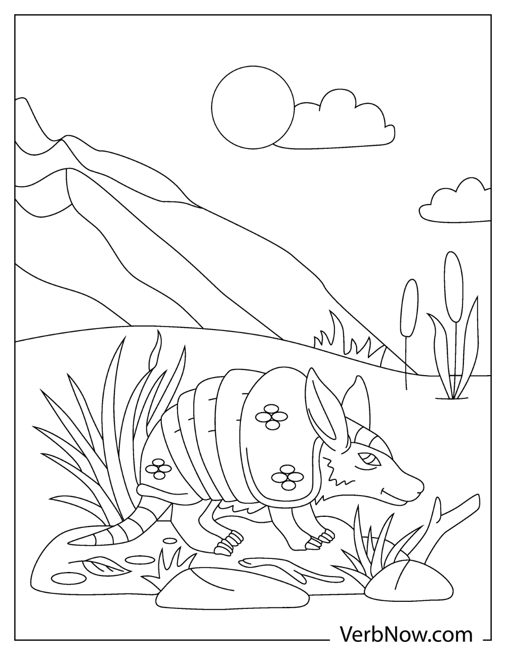 Armadillo coloring sheet in mountain with flower shell design