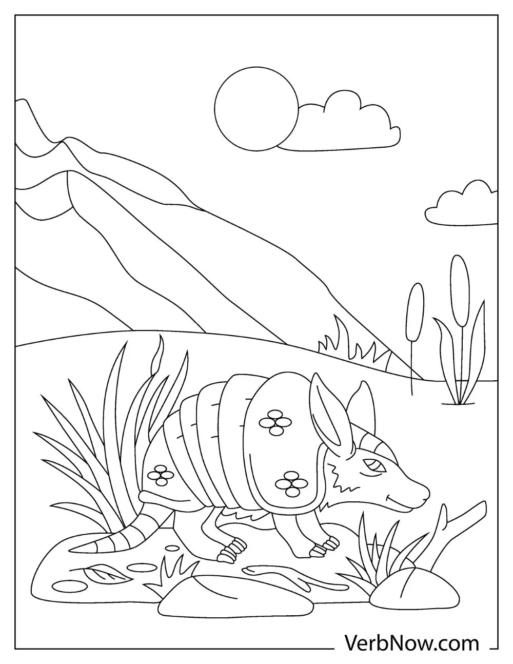 Armadillo coloring sheet in mountain with flower shell design