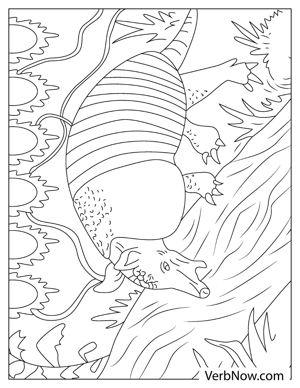 Armadillo climbing a tree with curled tail coloring page