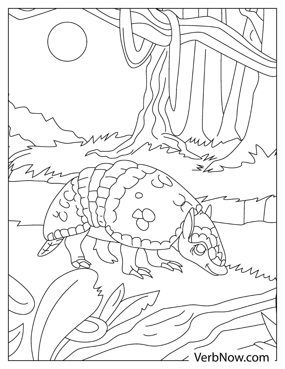 Adorable Armadillo coloring page surrounded by grass and plants