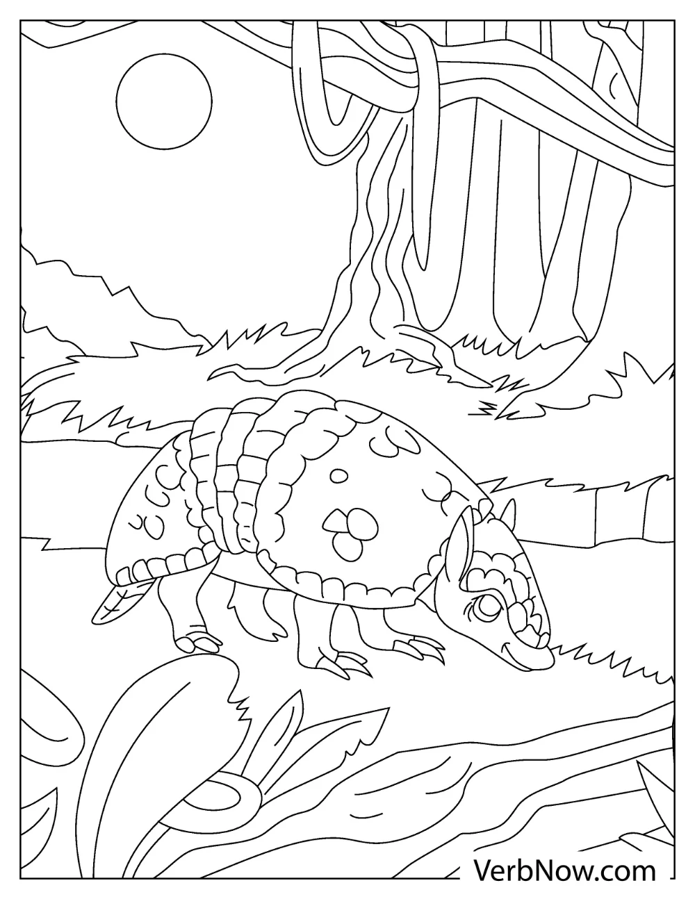 Adorable Armadillo coloring page surrounded by grass and plants