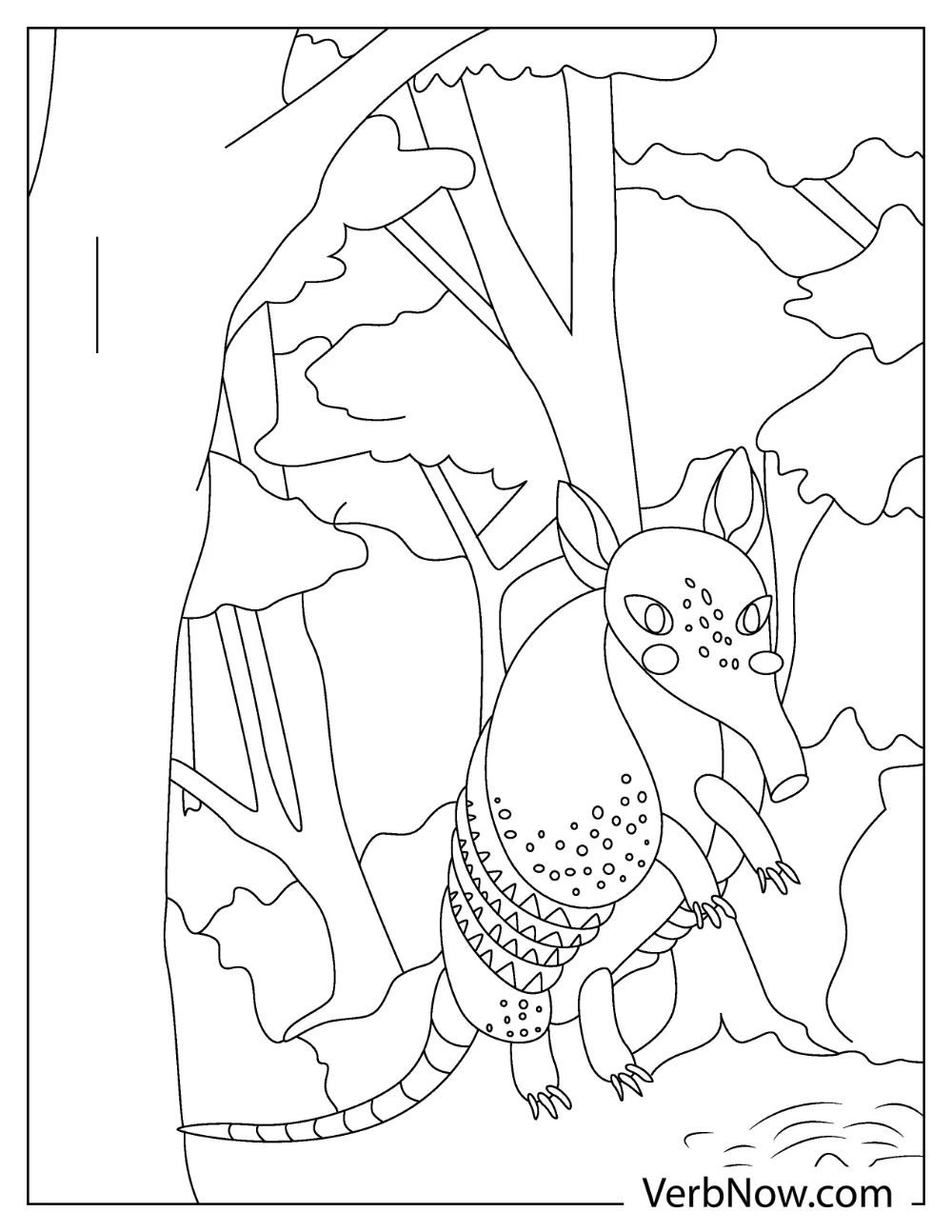 Realistic Armadillo coloring page with forest elements and natural scenery