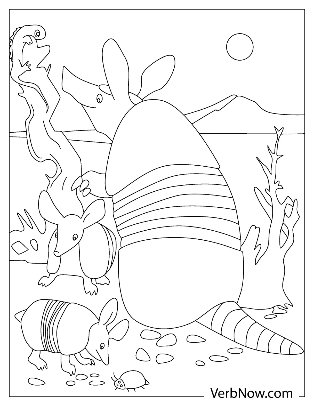 Armadillo family with lizard and bug coloring page