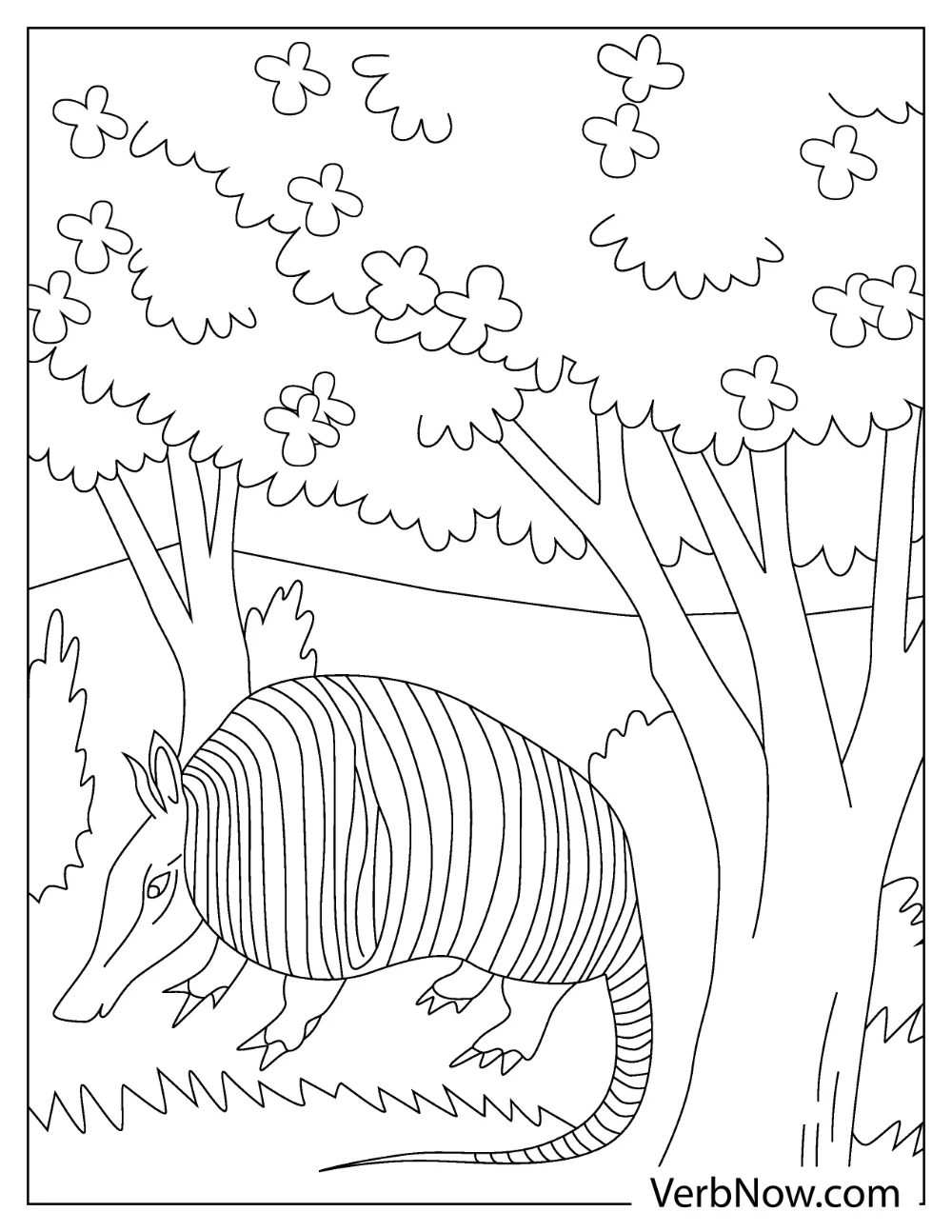Coloring sheet featuring a cartoon-style Armadillo in a scenic forest background