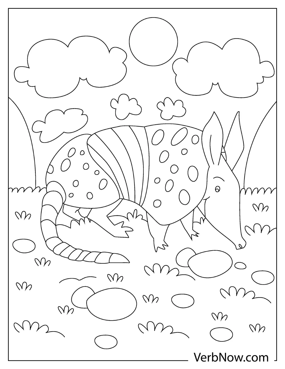Armadillo coloring page under the sun with rocks and clouds.