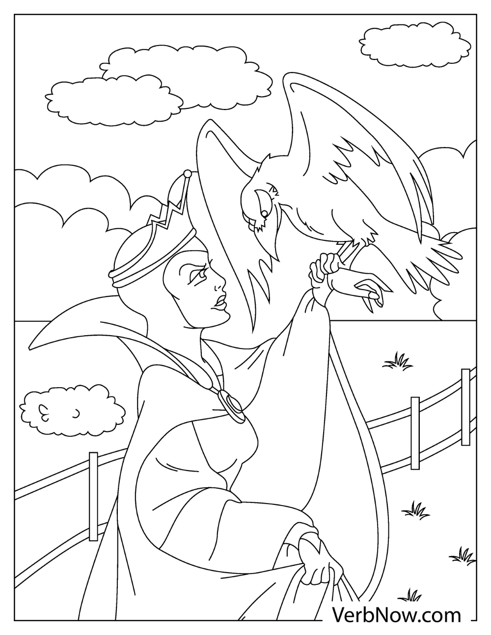 Maleficent holding the raven coloring page for kids