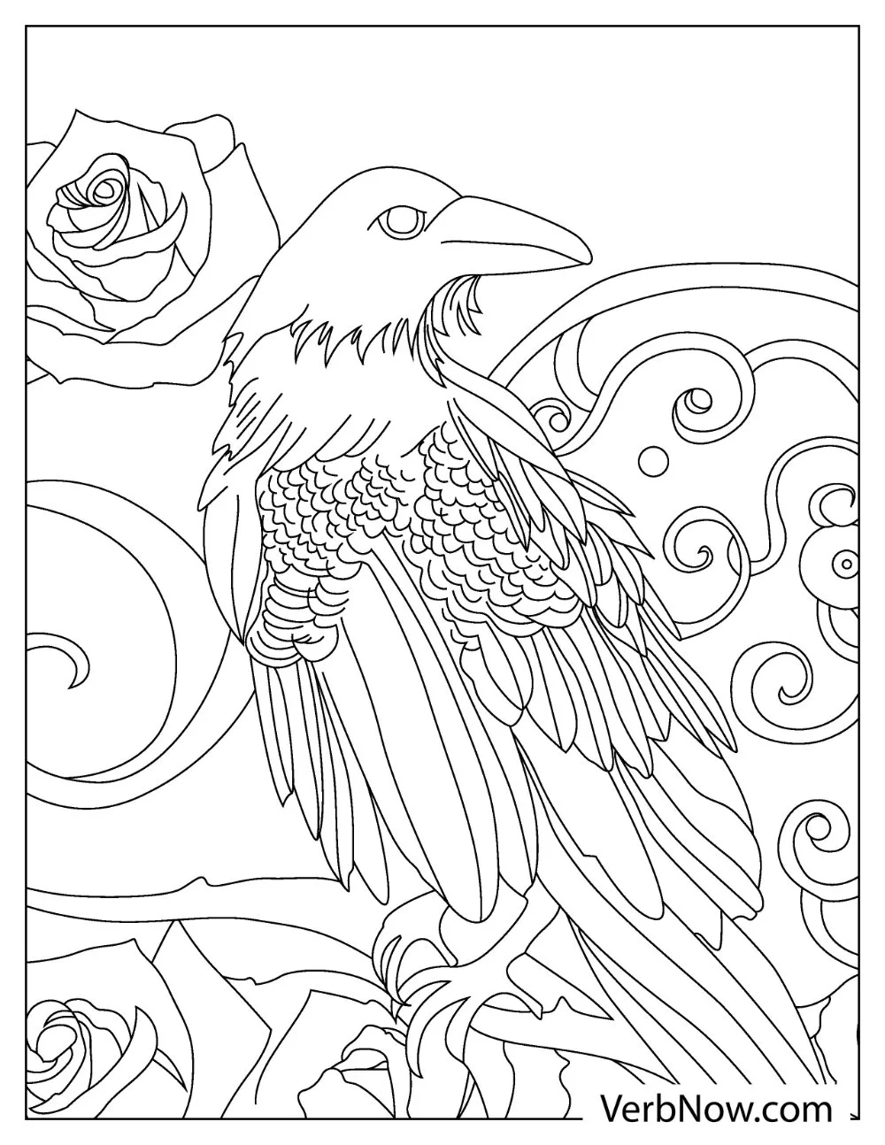 Free RAVEN Coloring Pages for Download (Printable PDF) Raven perched on branch coloring page