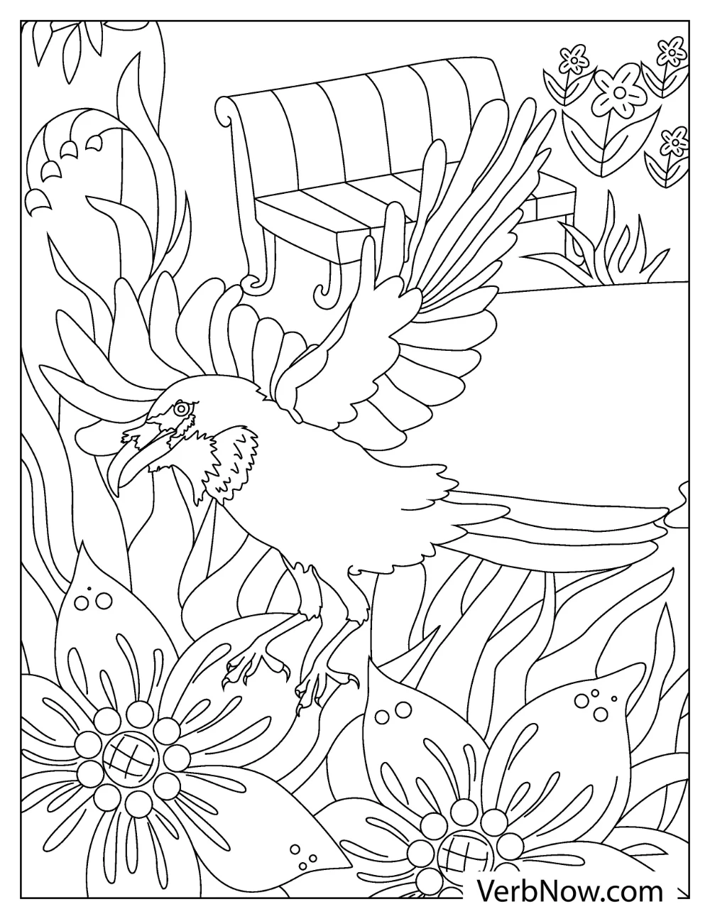 Free RAVEN Coloring Pages for Download (Printable PDF) Raven perched on flowers coloring page for children