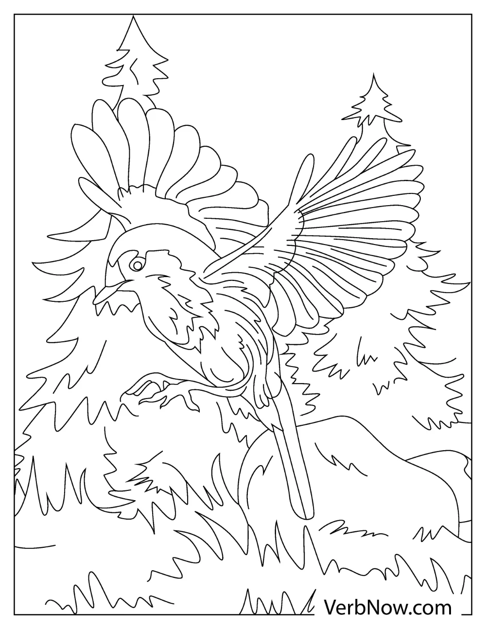 Robin flying through  the forest coloring page for kids