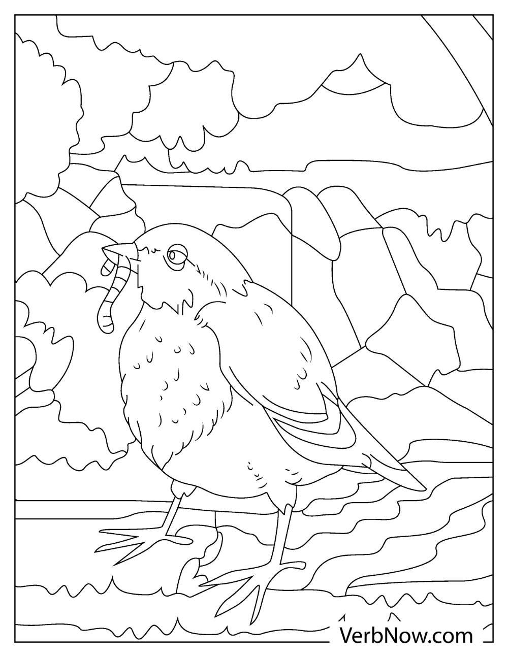 Robin holding worm in beak coloring page