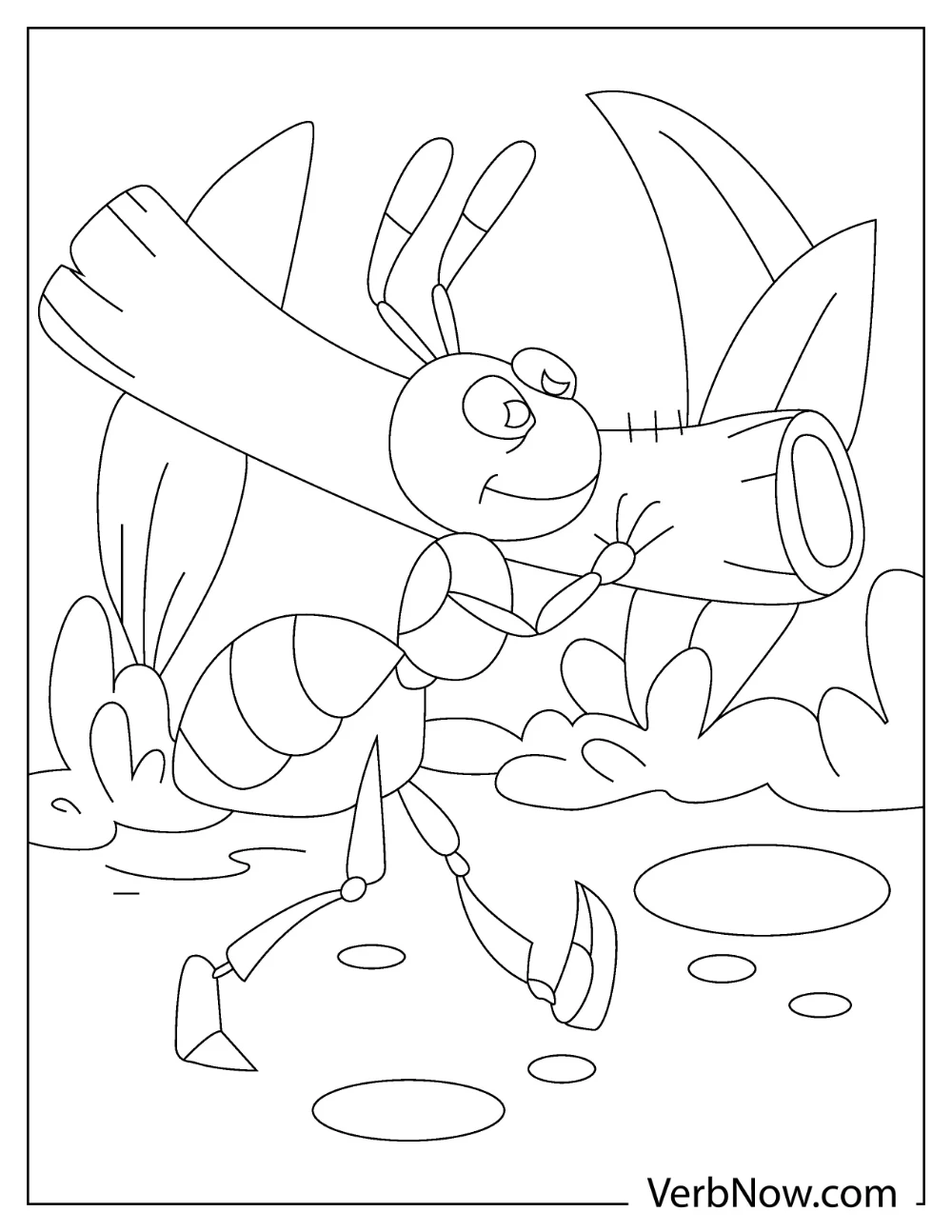 A smiling ant carrying a log on its back while walking through the forest coloring sheet