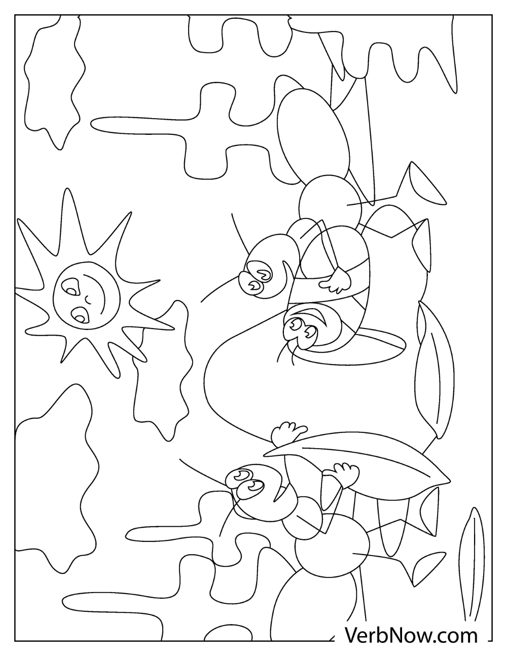 Cartoon ants flying across the sky with clouds and sun coloring page