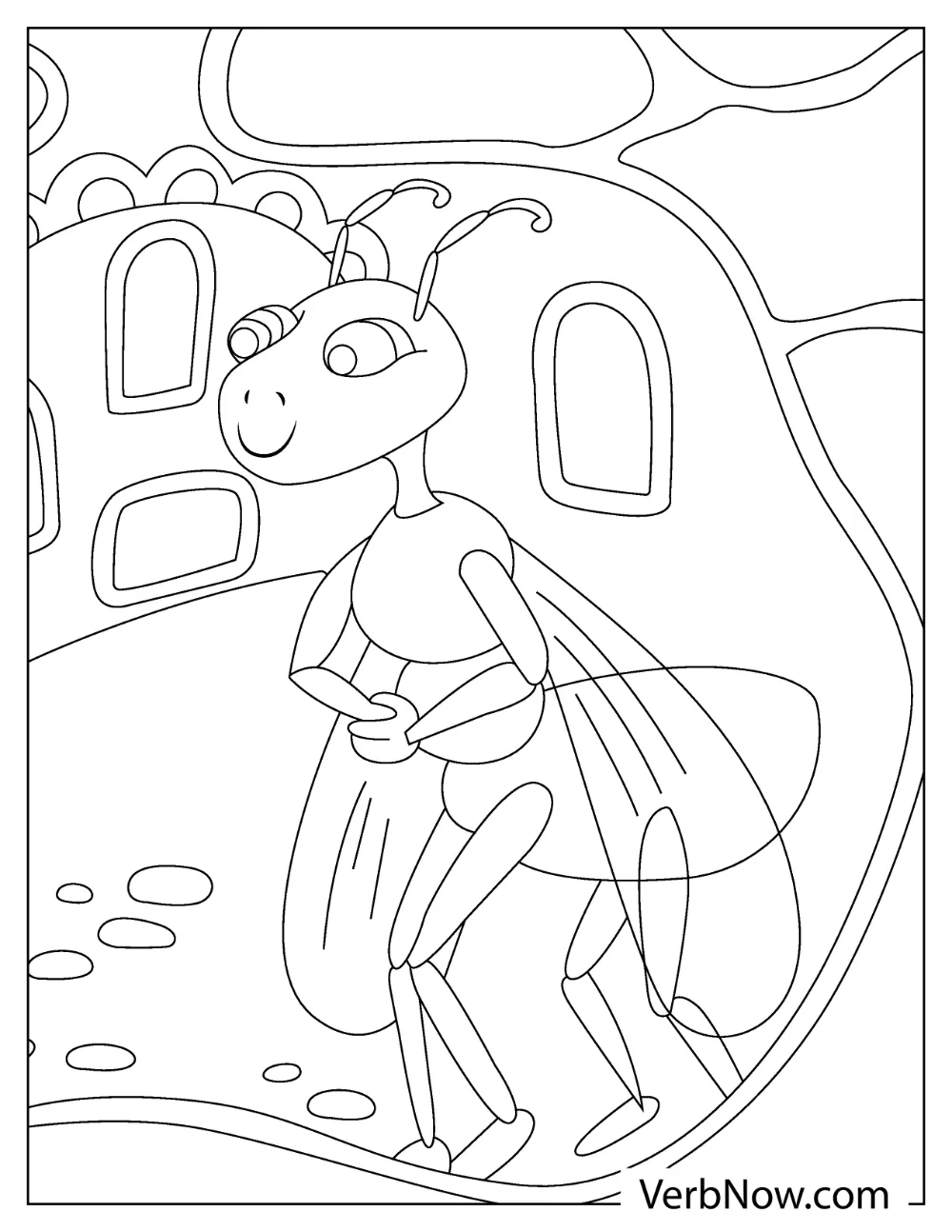 A girl ant wearing a dress standing inside her mushroom house coloring sheet

