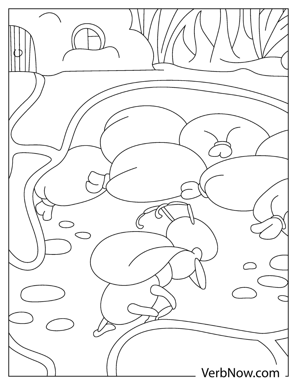 Cartoon ants collecting round fruits from the forest floor coloring page