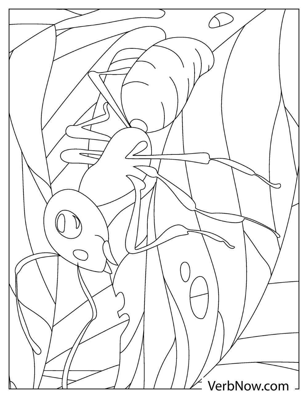 A smiling ant holding a twig while walking through the jungle coloring sheet