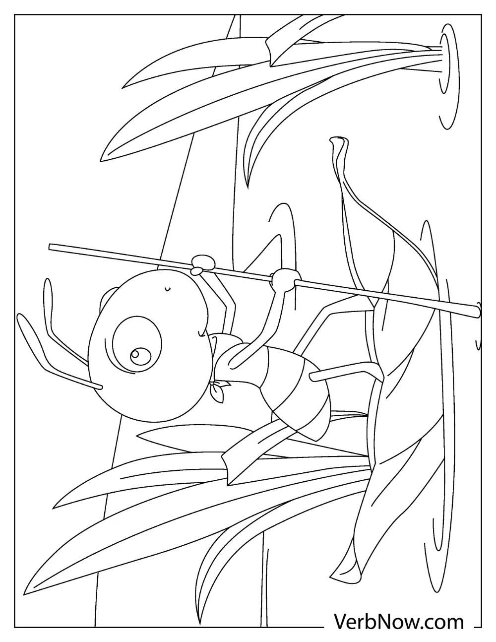 A cartoon ant climbing a curved leaf coloring page