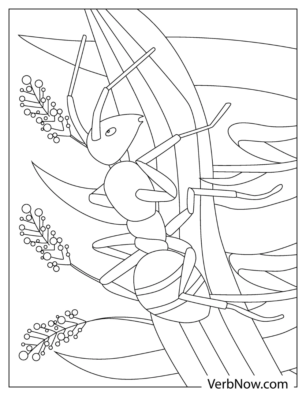 A large ant crawling along a branch with tiny flowers coloring sheet