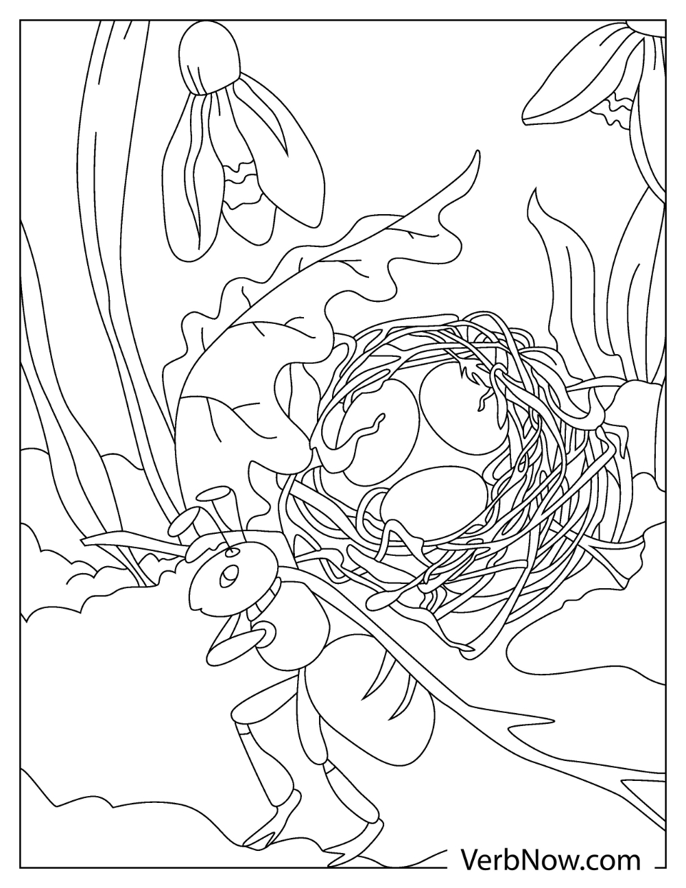 A mother ant holding a baby ant wrapped in leaves coloring sheet