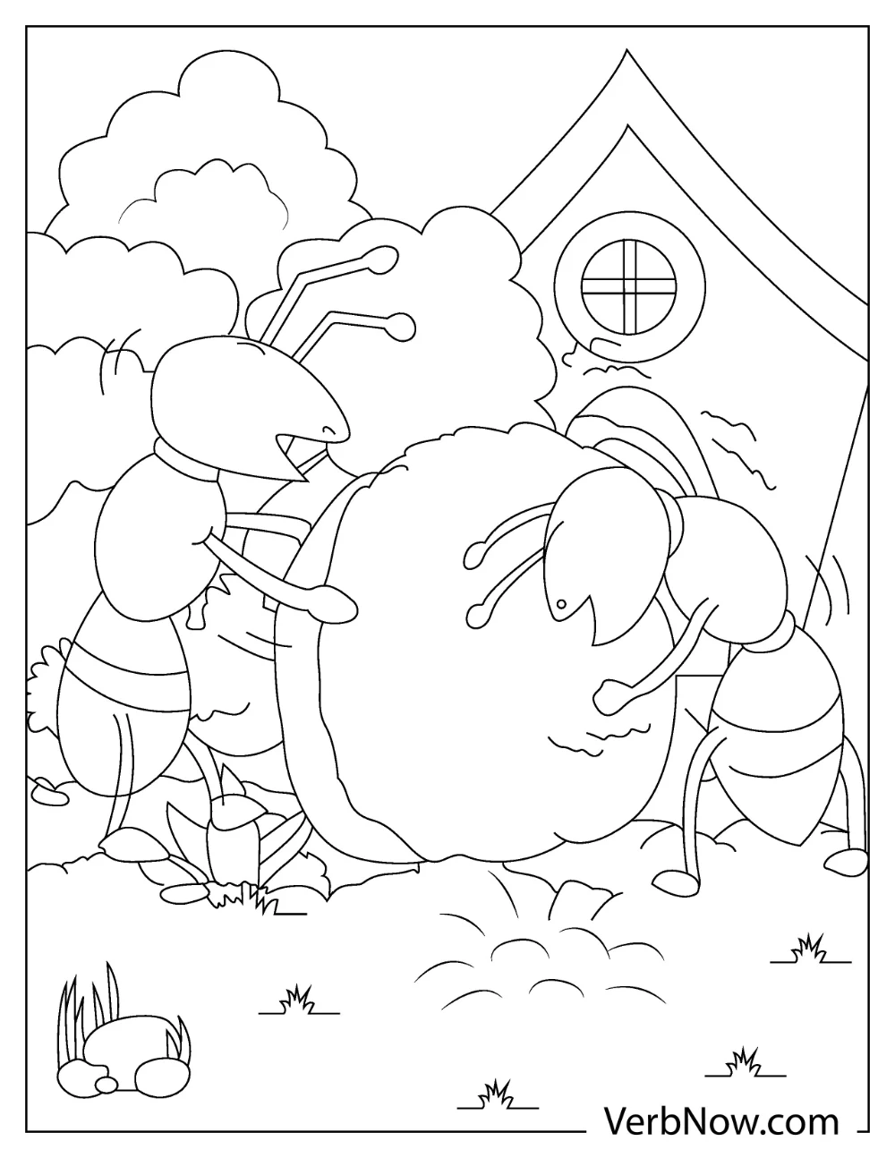 Two ants working together to roll a large berry in front of their house coloring page