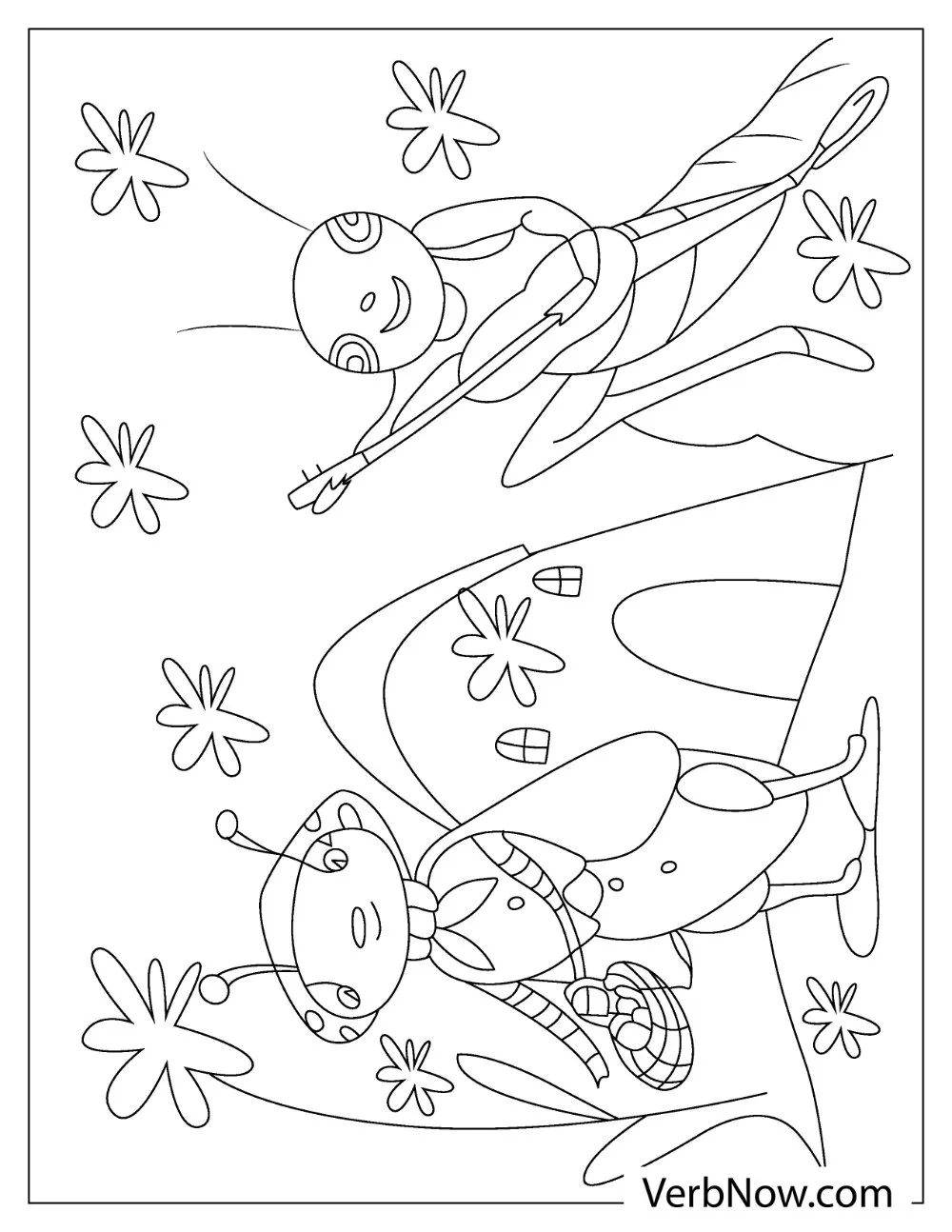 A pair of cute bugs dancing on a flower path with stars and swirls coloring sheet