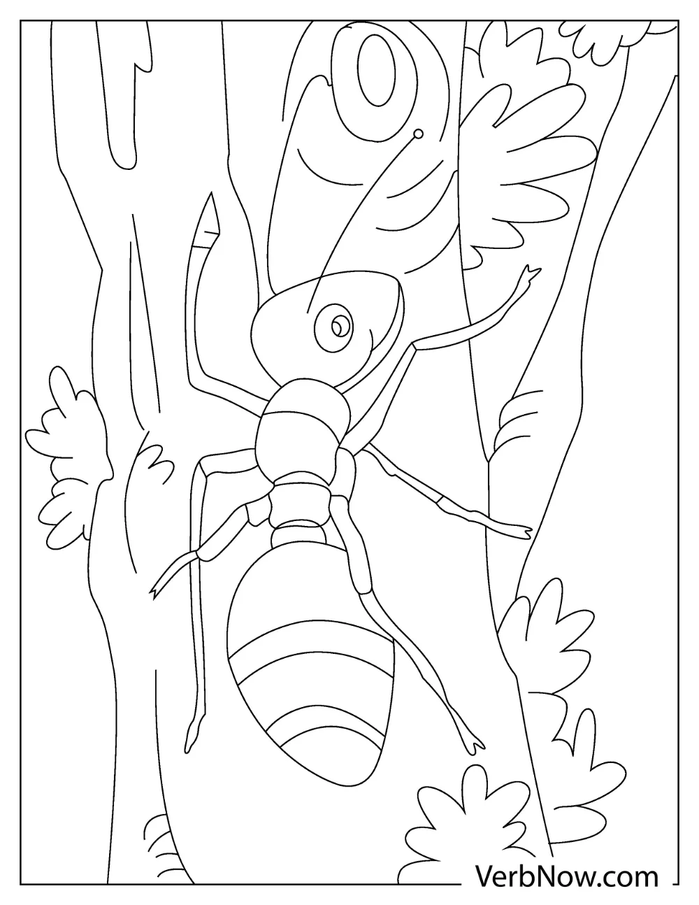 An ant climbing a tree with a leafy background coloring page
