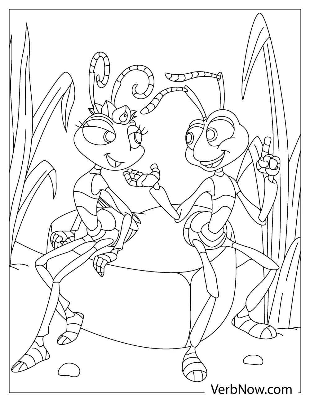 Two talking cartoon bugs sitting on a rock among tall grass coloring page