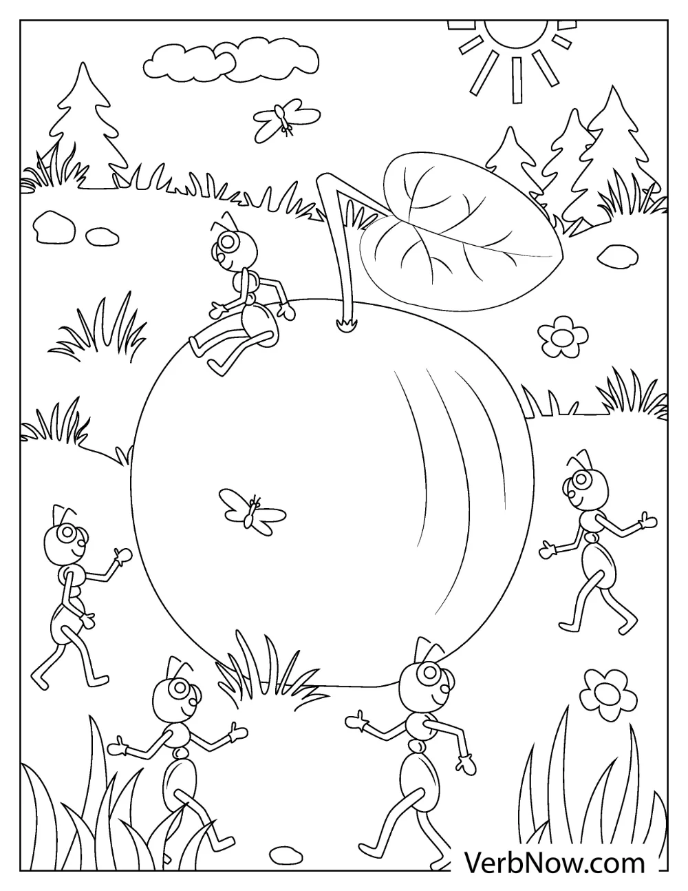 A group of ants rolling a giant fruit across the field coloring sheet