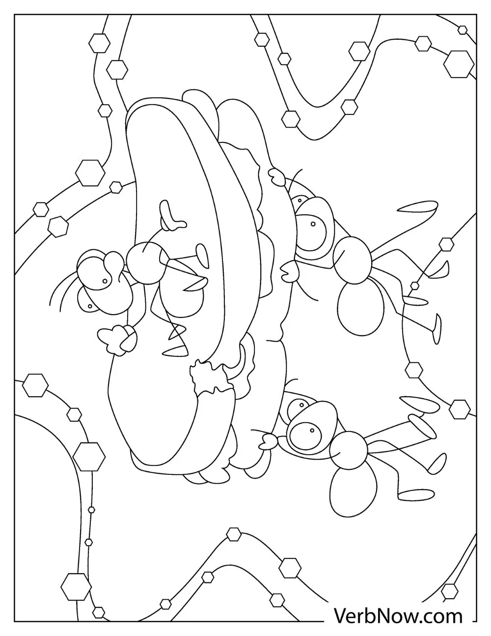 Funny cartoon ants climbing on a sandwich with string lights coloring page

