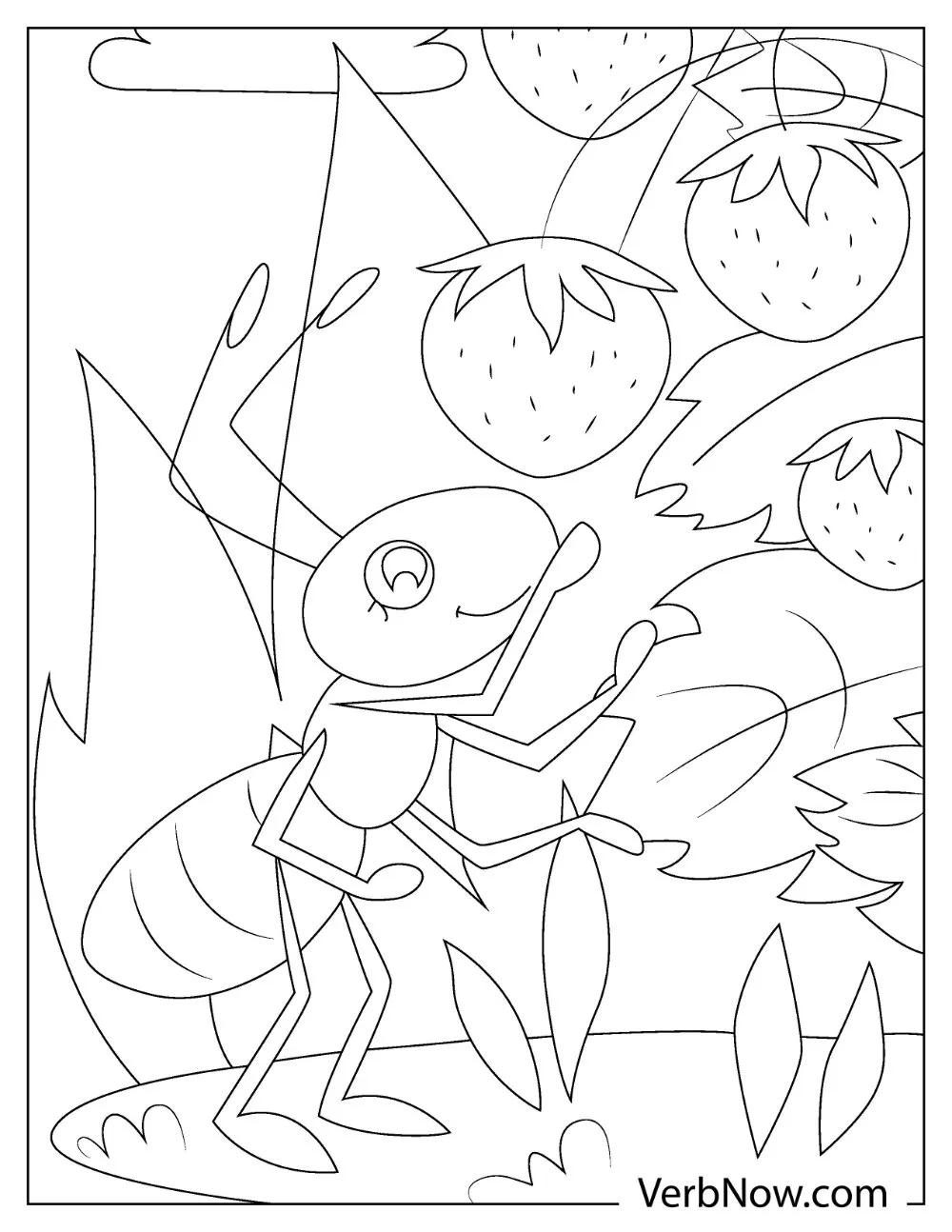 An ant reaching up to pick a ripe strawberry coloring sheet