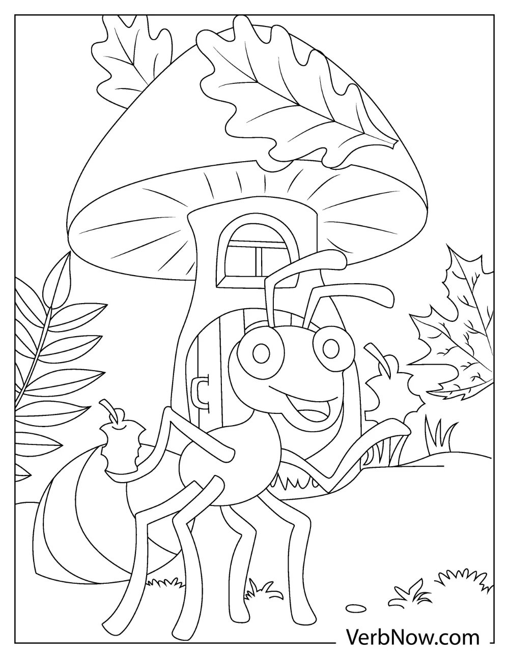 A cheerful ant in front of a mushroom-shaped house coloring sheet

