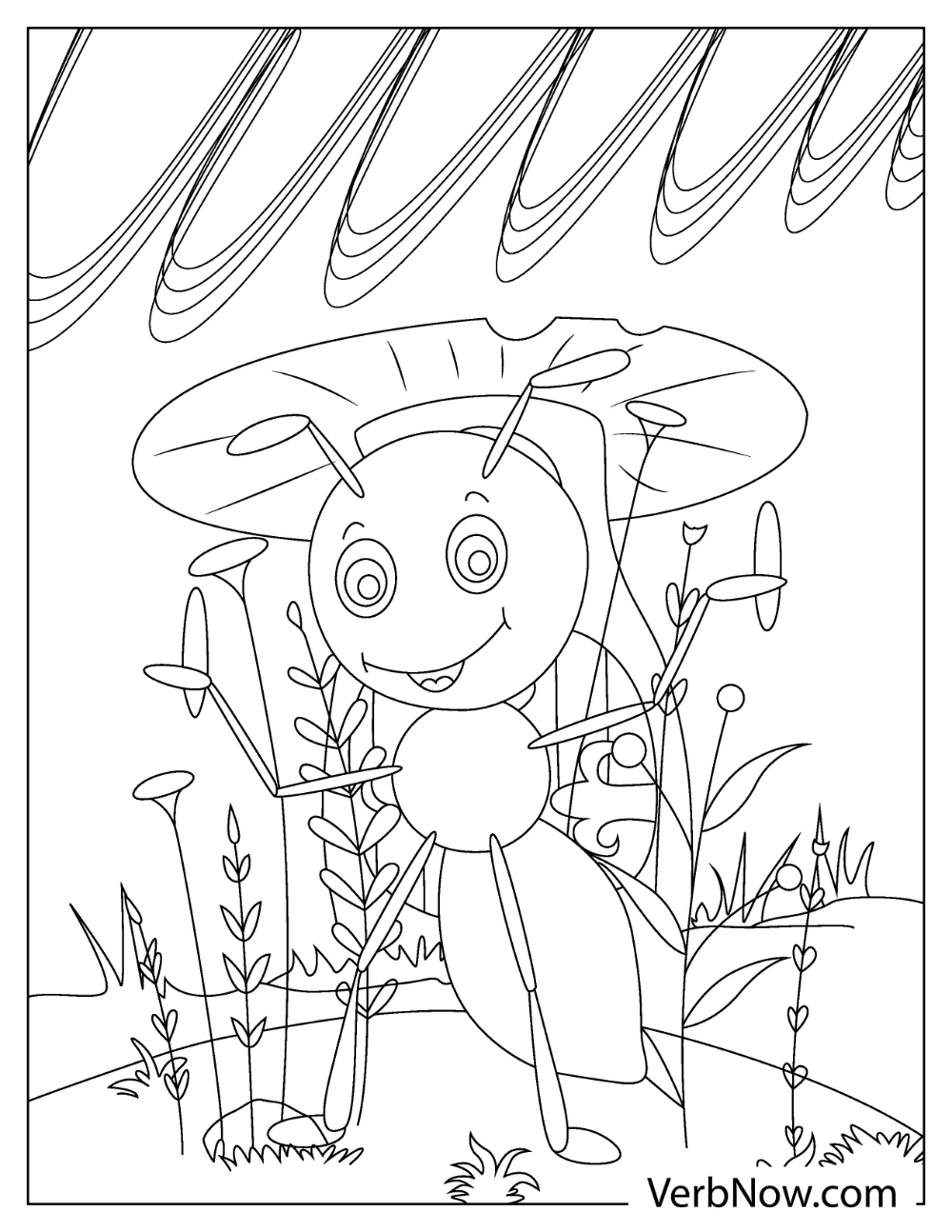 A cute ant holding a mushroom as an umbrella coloring page