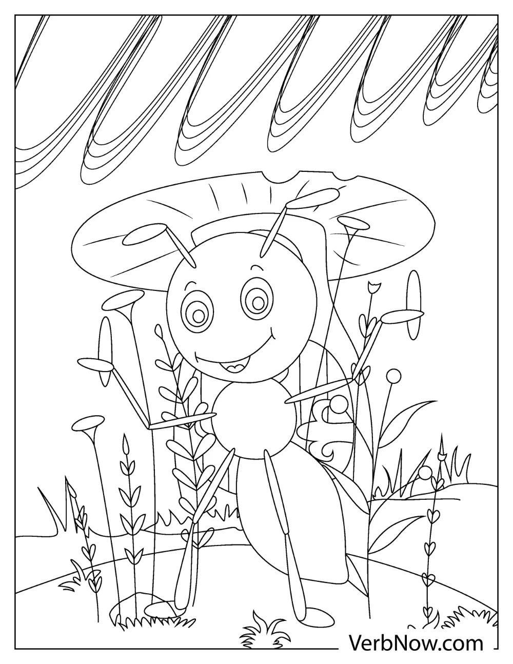 A cute ant holding a mushroom as an umbrella coloring page