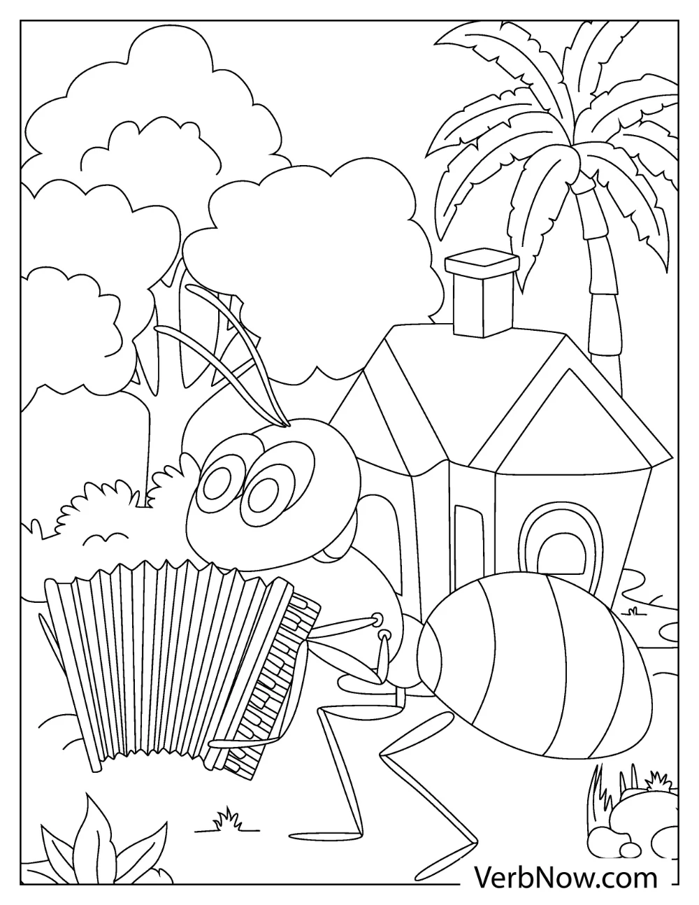 A happy ant playing accordion outside its tiny house coloring sheet


