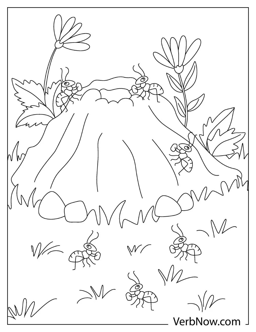 Ants surrounding a small anthill in the garden coloring page