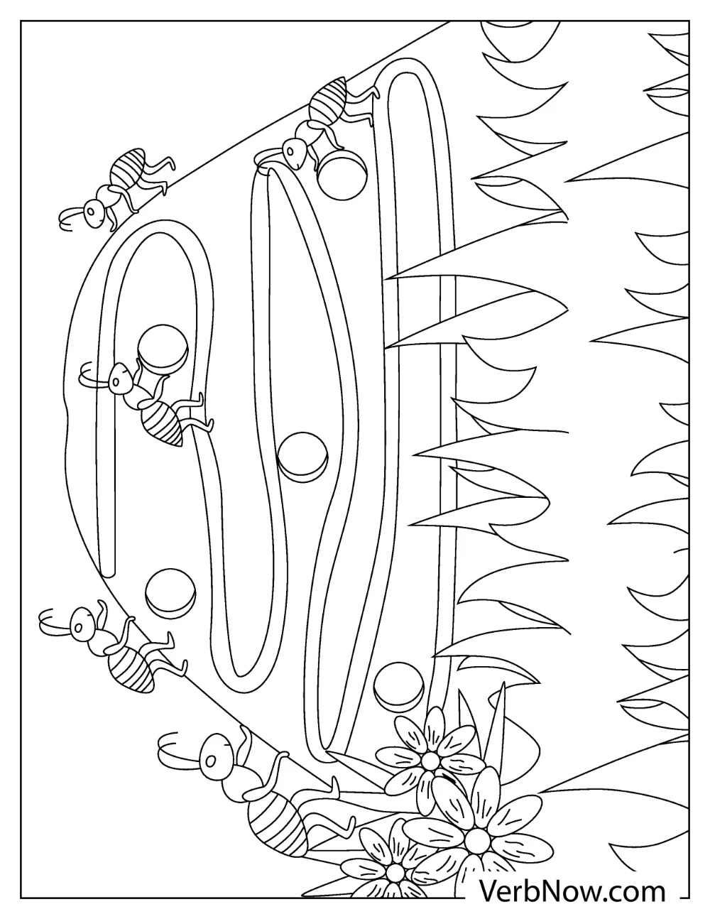 Cartoon ants climbing on a decorated shoe coloring sheet